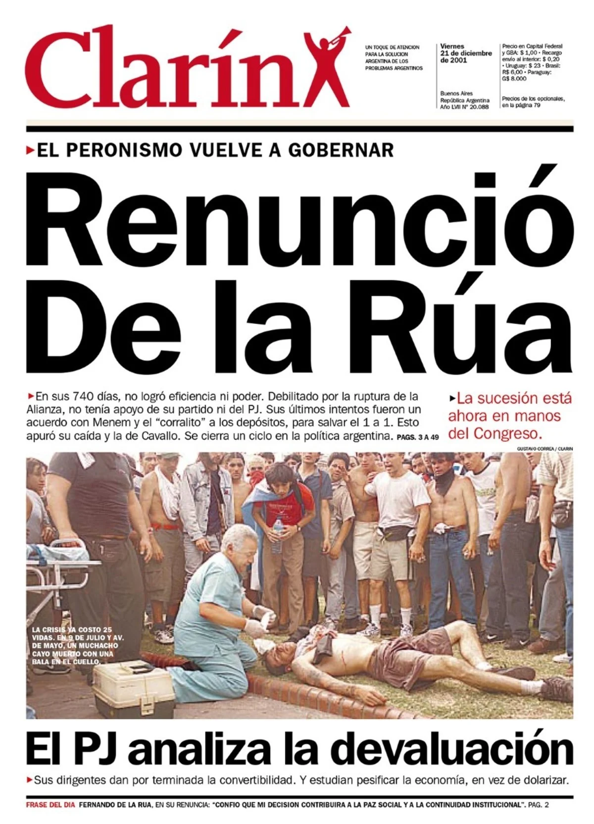 Tapa del diario Clarin sobre la renuncia de De la Rua en 2001