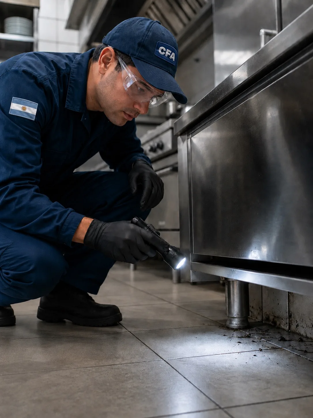 Técnico inspeccionando una cocina profesional con linterna
